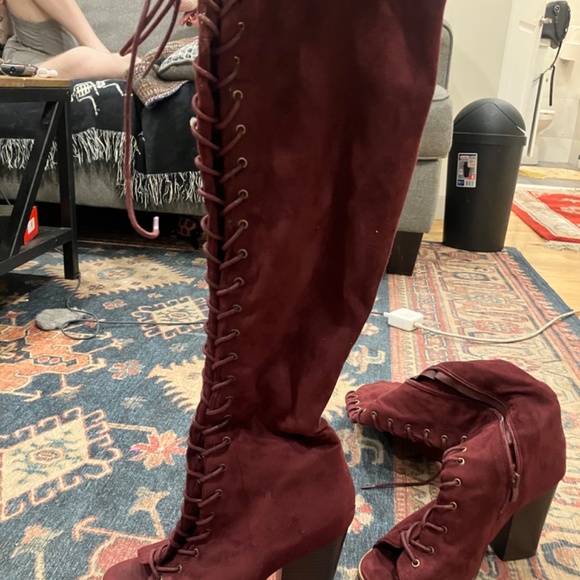 Mark & Maddux Burgundy Over-The-Knee Peep Toe Boots - Picture 2 of 6